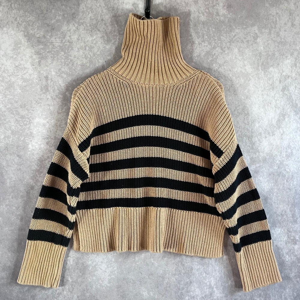 Quince Turtleneck Sweater Womens Small Camel Black Striped Organic Cotton Split